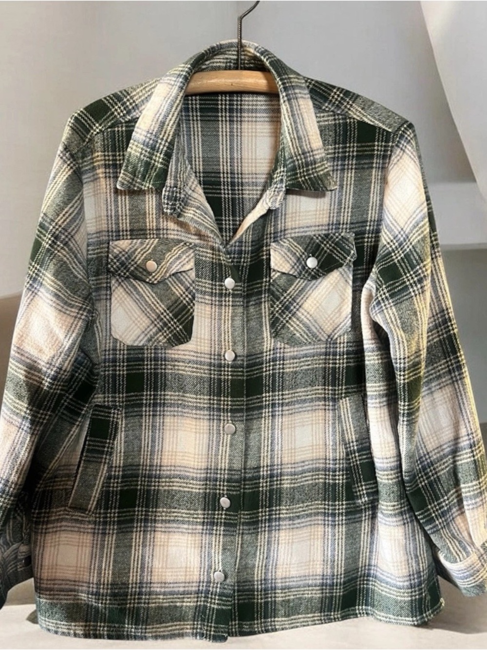 Linda Anderson Jacket Womens XL Green Plaid Flannel Shacket Snap Front Pockets